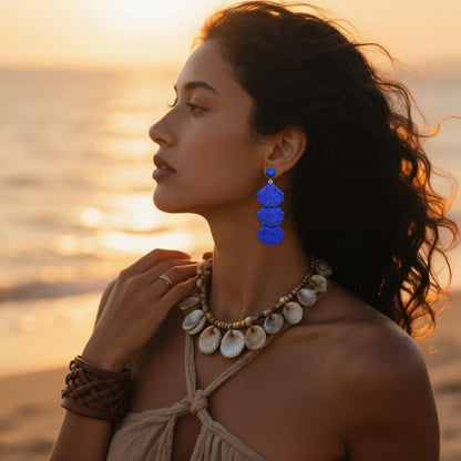Raffia Dangle Earrings for Women - Boho Statement Rattan Drop Jewelry with Shell Design, Lightweight Summer Beach Trendy Accessories