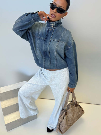 Loose Washed Denim Cross-BorderRetro Stand-Collar Jacket