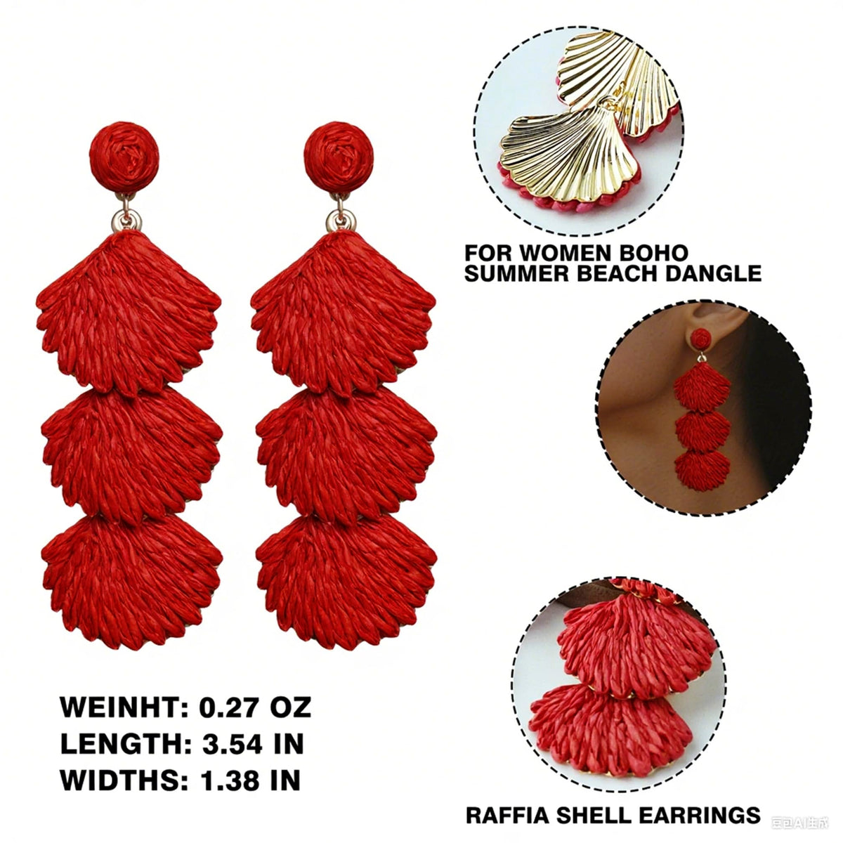 Raffia Dangle Earrings for Women - Boho Statement Rattan Drop Jewelry with Shell Design, Lightweight Summer Beach Trendy Accessories