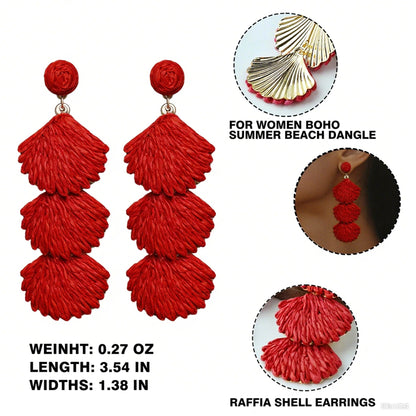 Raffia Dangle Earrings for Women - Boho Statement Rattan Drop Jewelry with Shell Design, Lightweight Summer Beach Trendy Accessories