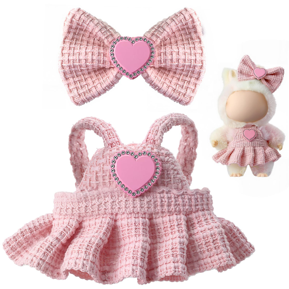 3 Piece Handmade Crochet Outfit for 17cm Dolls - Heart Sweater Hat &amp; Bag Set