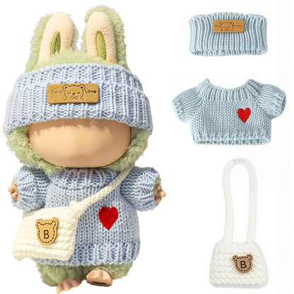 3 Piece Handmade Crochet Outfit for 17cm Dolls - Heart Sweater Hat &amp; Bag Set