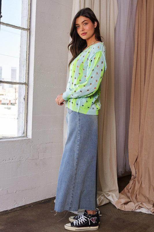 Davi &amp; Dani Two-Tone Ribbed Hem Openwork Knit Top Style