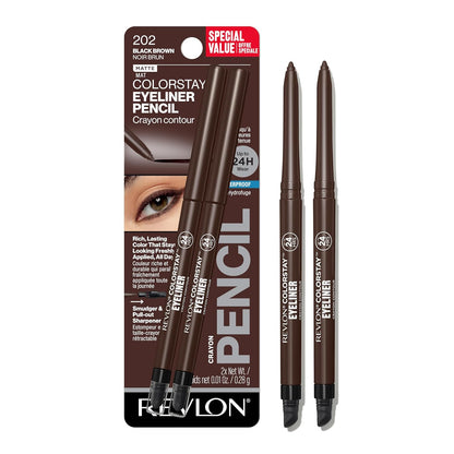 Revlon ColorStay Pencil Waterproof Eyeliner, Smudge-Proof, Eye Makeup with Built-In Sharpener, Long-Lasting, Matte Finish, 201 Black, 2 pack