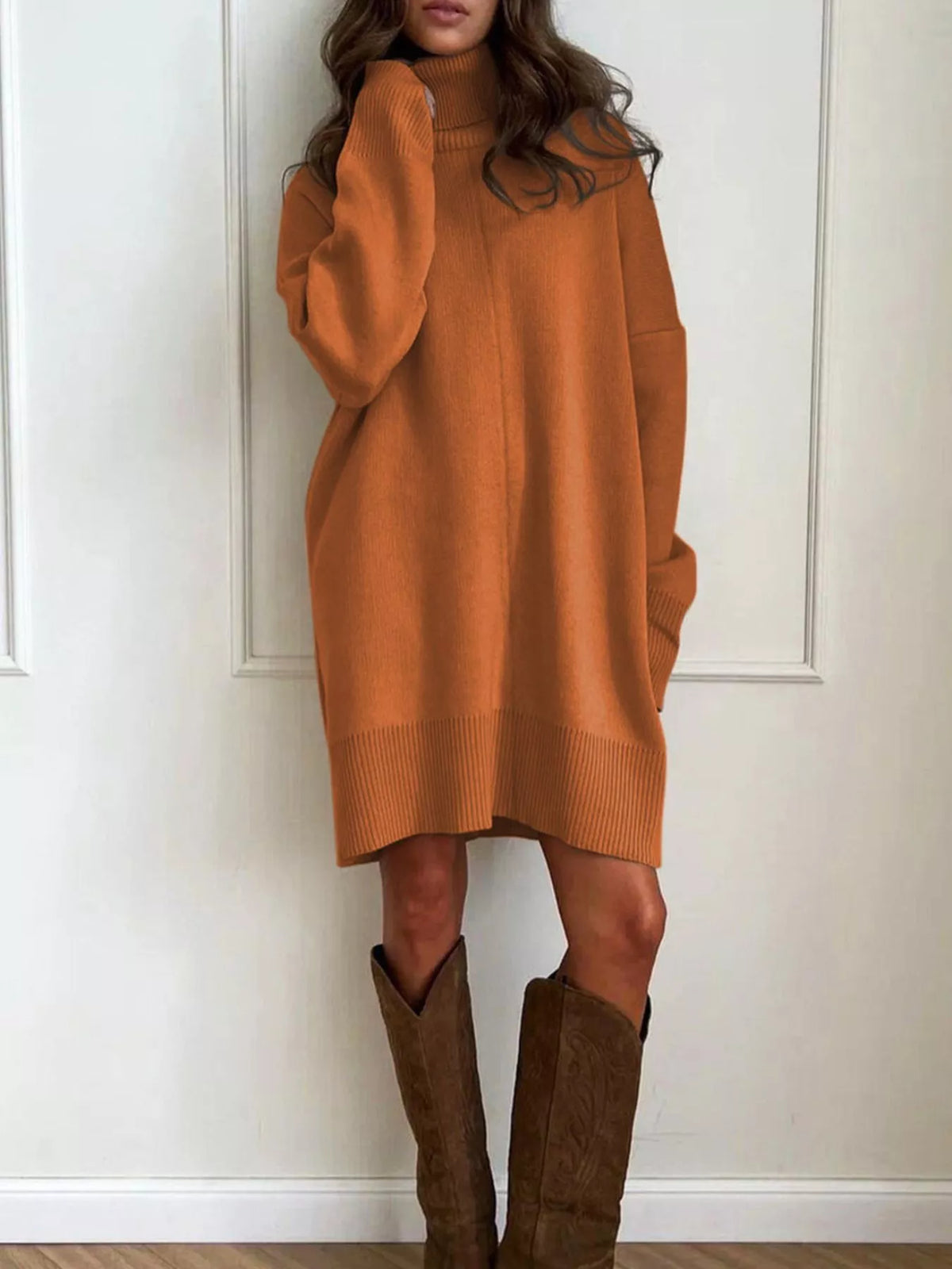 Solid Color Turtleneck Drop Shoulder Loose Sweater Dress