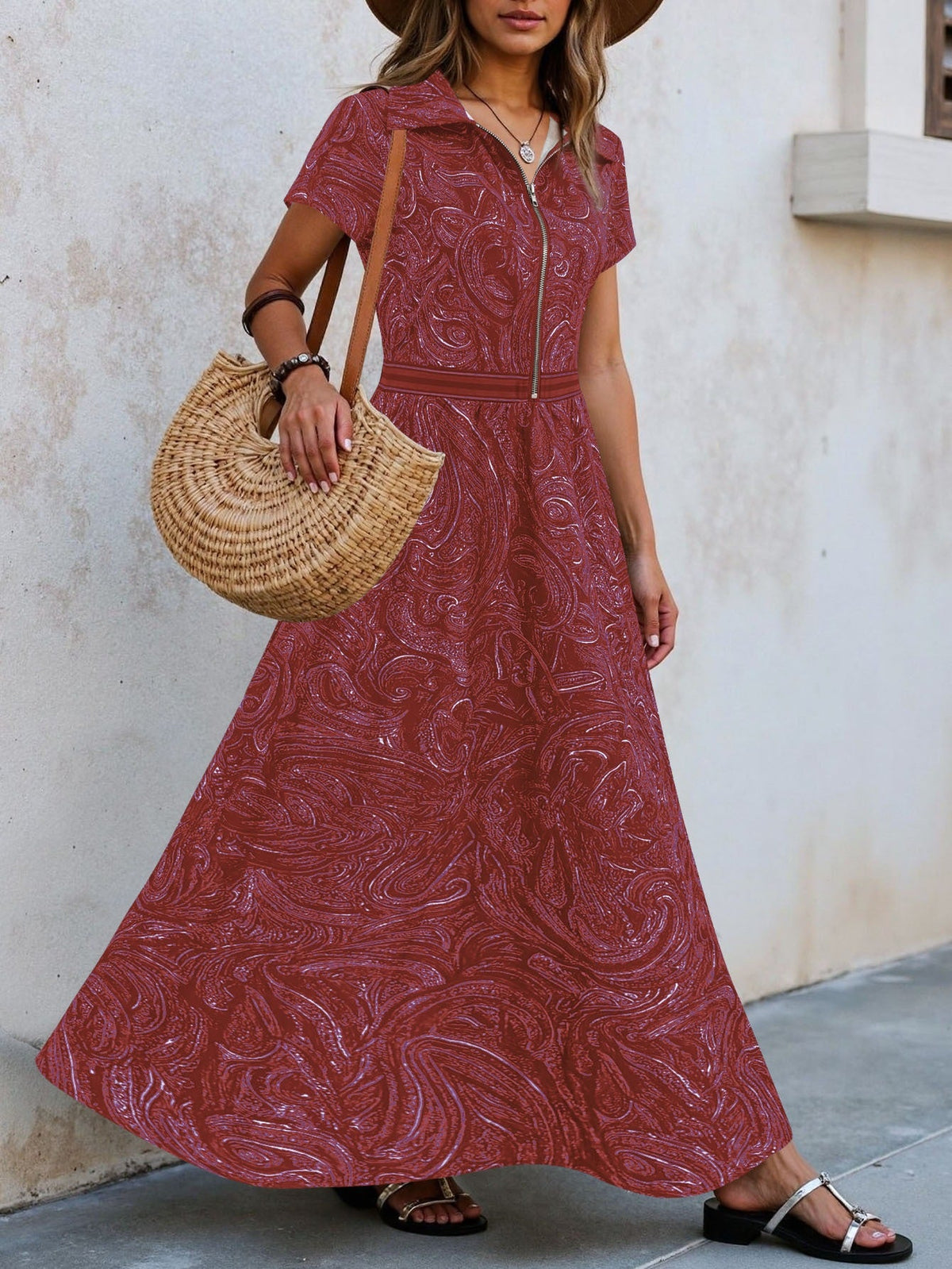 Ebay Amazon European And American Foreign Trade Retro Paisley Print Lapel Dress With Waist-Cinching A-Line Long Skirt For Women