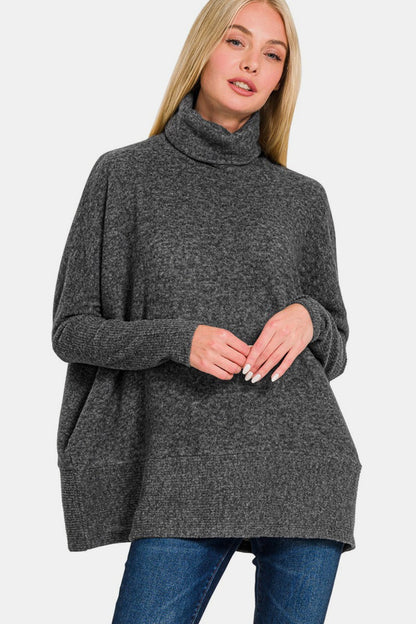 Back To School Sweater - Zenana Full Size Brushed Melange Hacci Turtleneck Sweater