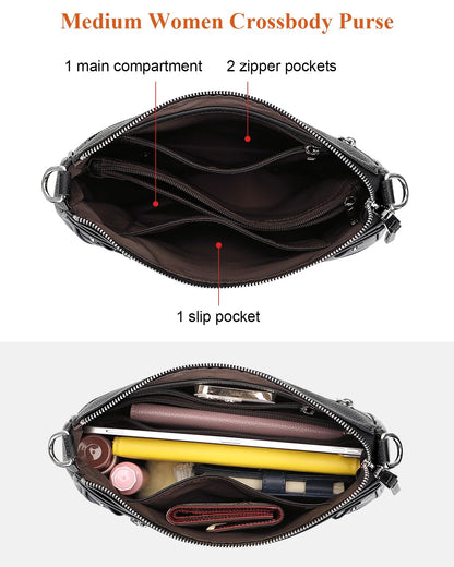 Over Earth Soft Genuine Leather Crossbody Bags for Women Medium Shoulder Purses Hobo Handbags with Multi Pockets
