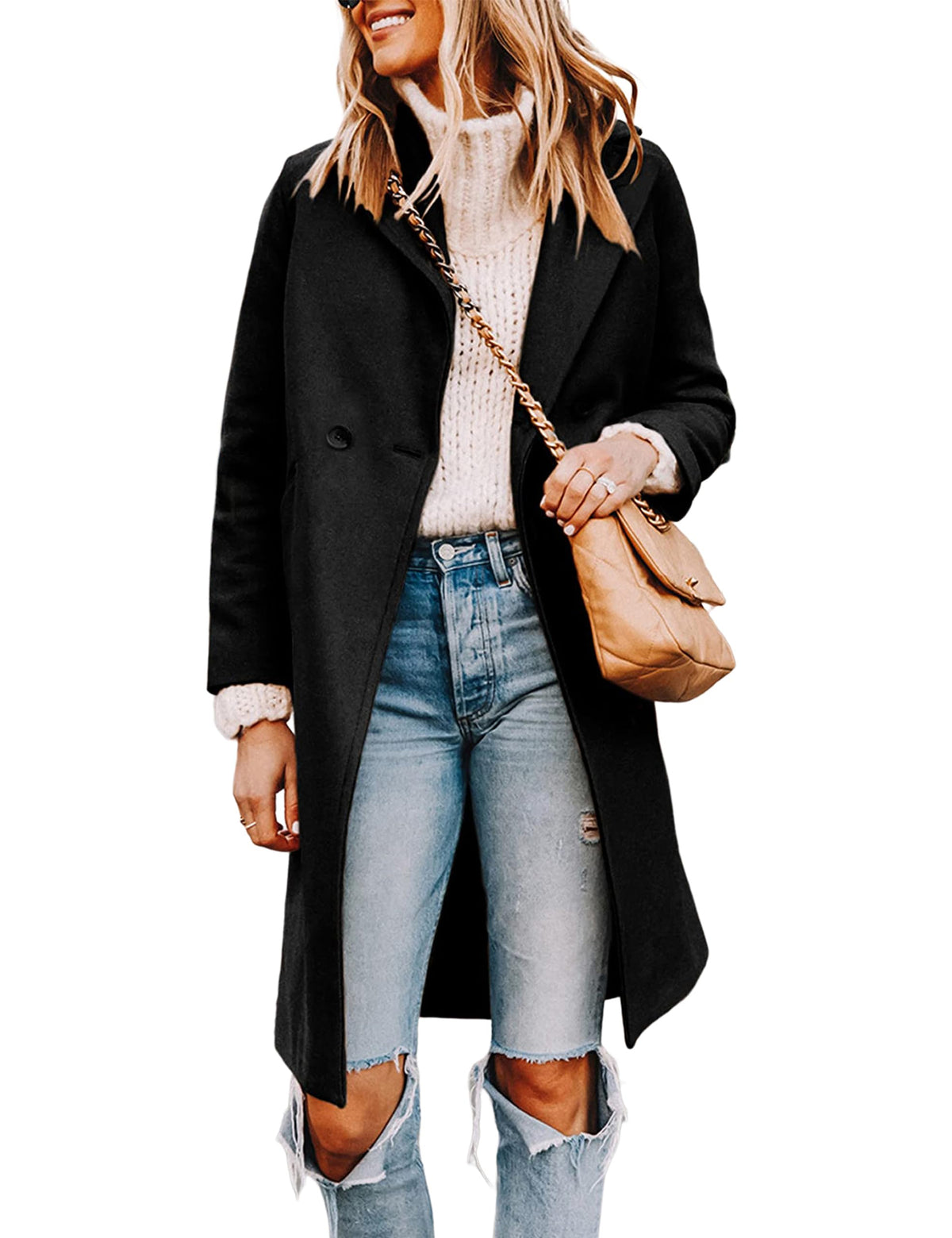 Wool Blend Pea Coat - Double Breasted Mid Length Trench Coat for Women