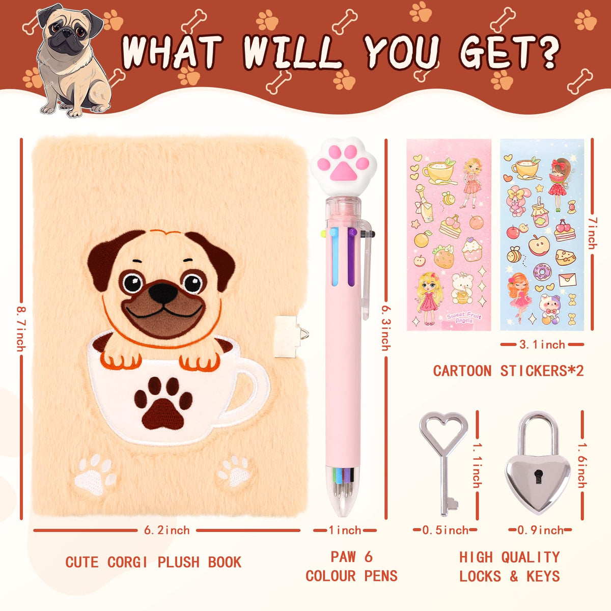 Girls Heart Diary with Lock and Keys - Cute Plush Secret Journal Notebook Gift Ages 6-8