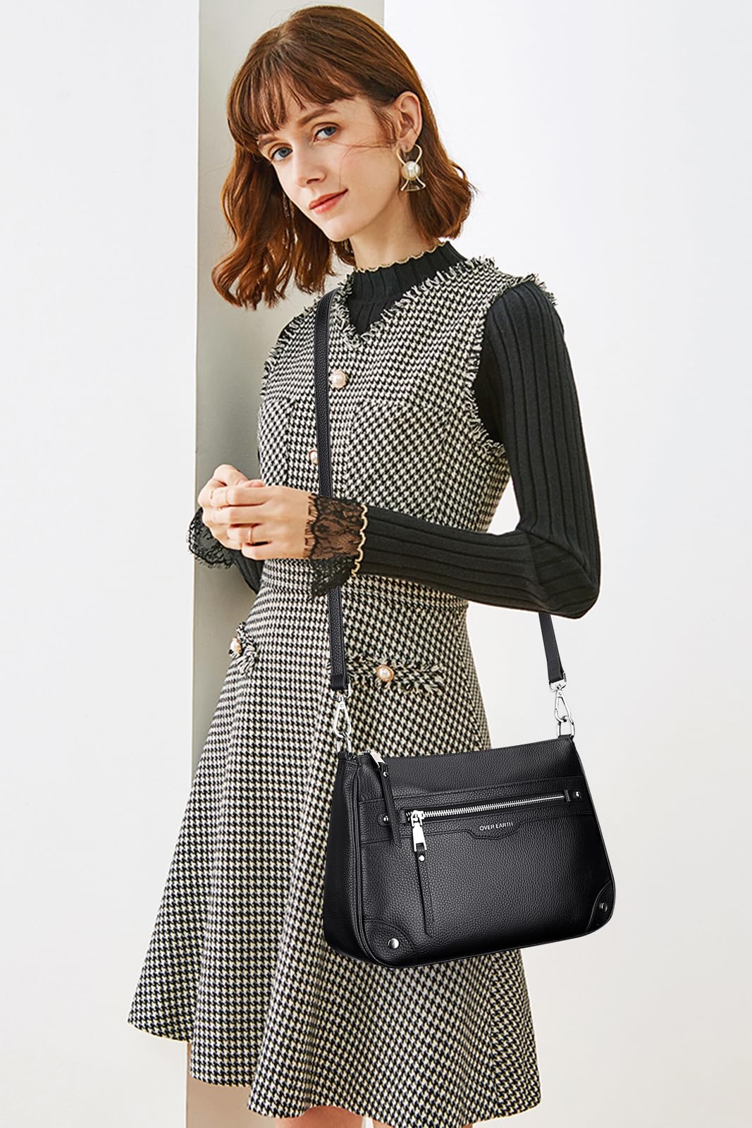 Over Earth Soft Genuine Leather Crossbody Bags for Women Medium Shoulder Purses Hobo Handbags with Multi Pockets