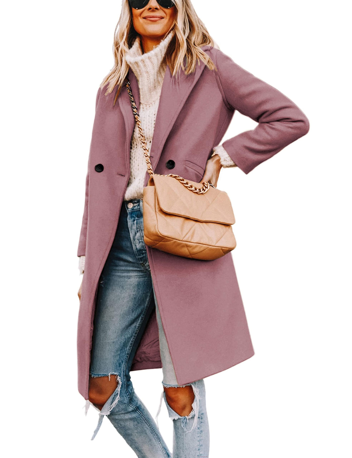 Wool Blend Pea Coat - Double Breasted Mid Length Trench Coat for Women