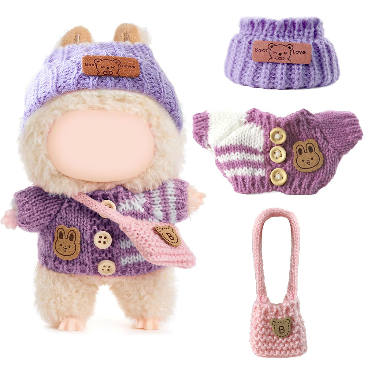 3 Piece Handmade Crochet Outfit for 17cm Dolls - Heart Sweater Hat &amp; Bag Set
