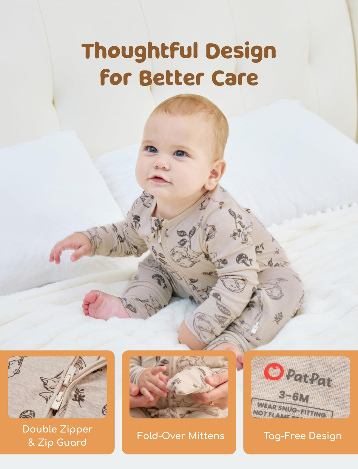 PATPAT Baby Footie Pajamas - Premium Tencel Lyocell &amp; Wool Romper with 2-Way Zipper