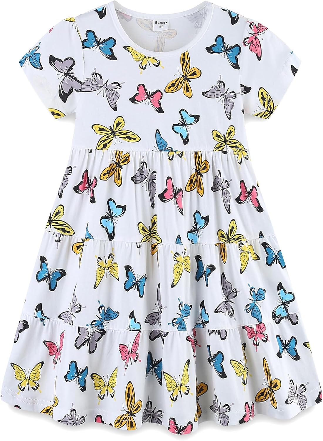 Girls Cotton Dress - Ruffle Sleeve Tiered A-Line Midi Sundress