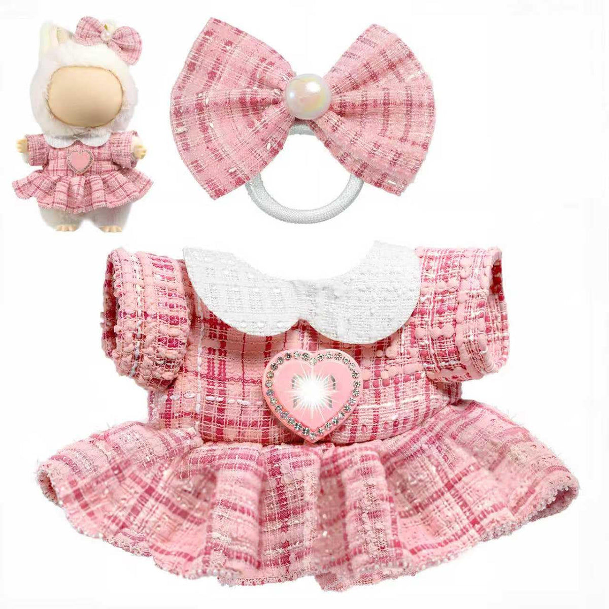 3 Piece Handmade Crochet Outfit for 17cm Dolls - Heart Sweater Hat &amp; Bag Set