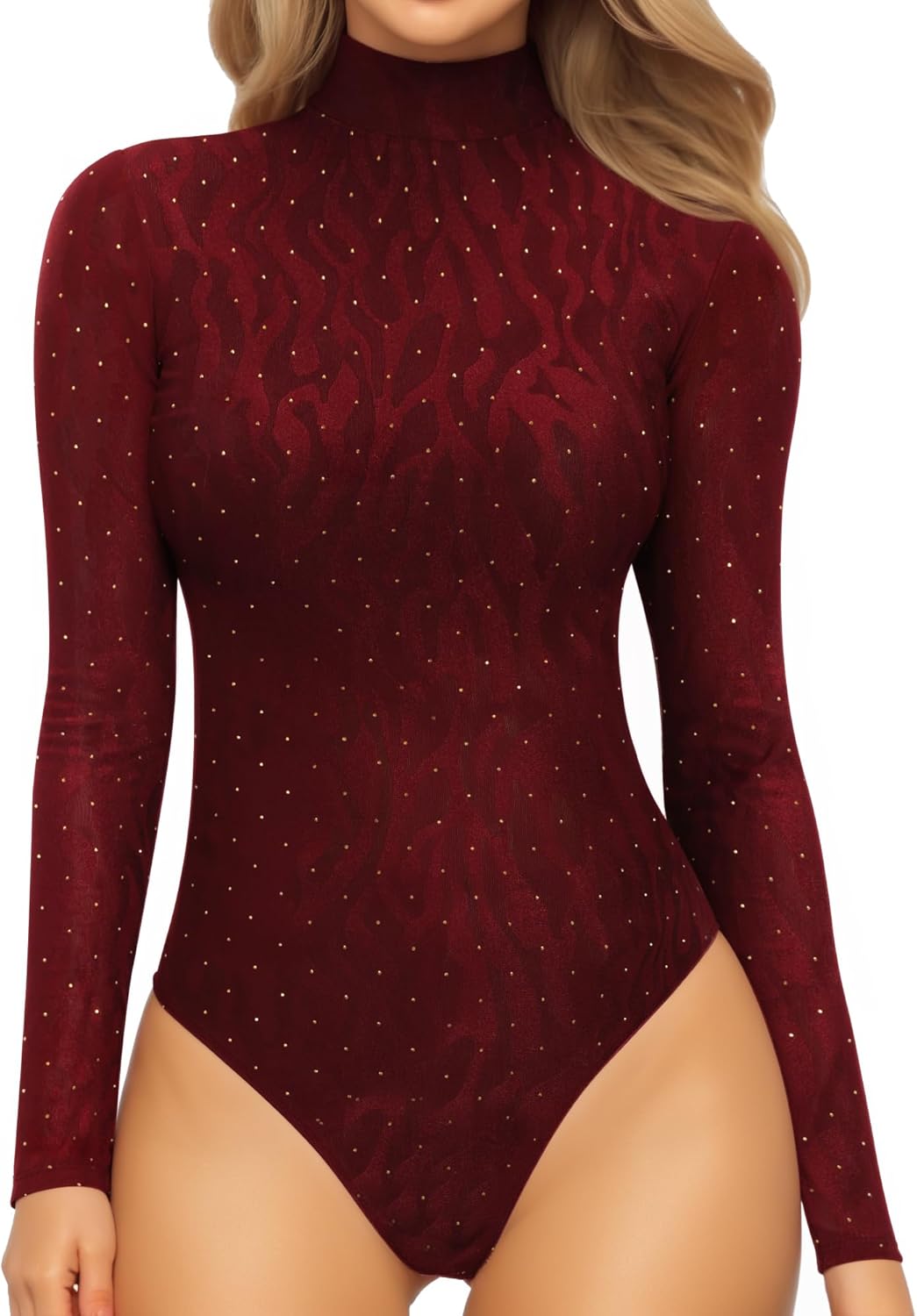 Mock Turtleneck Bodysuit - Long Sleeve Fitted Top with Snap Closure