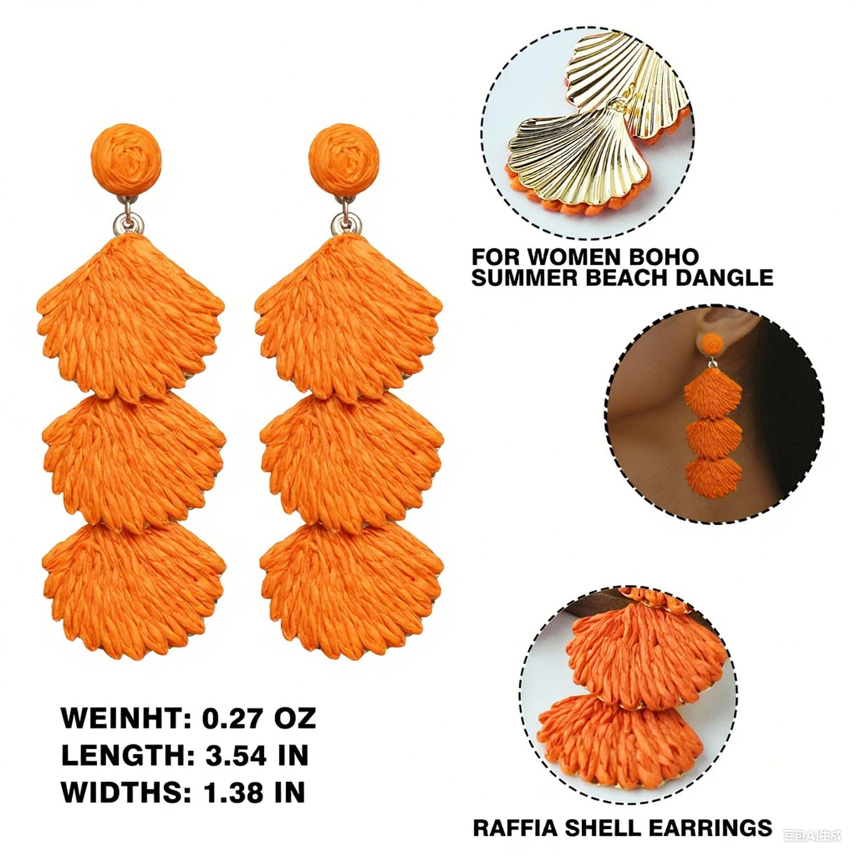 Raffia Dangle Earrings for Women - Boho Statement Rattan Drop Jewelry with Shell Design, Lightweight Summer Beach Trendy Accessories