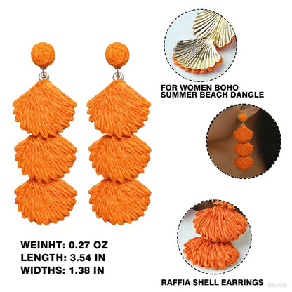 Raffia Dangle Earrings for Women - Boho Statement Rattan Drop Jewelry with Shell Design, Lightweight Summer Beach Trendy Accessories