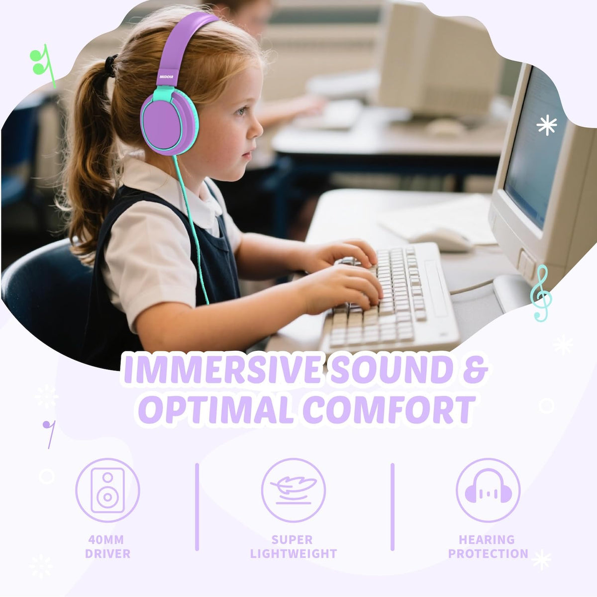 Kids Headphones Volume Limited 85/94dB - Wired Over-Ear Foldable Headset with Microphone Pink
