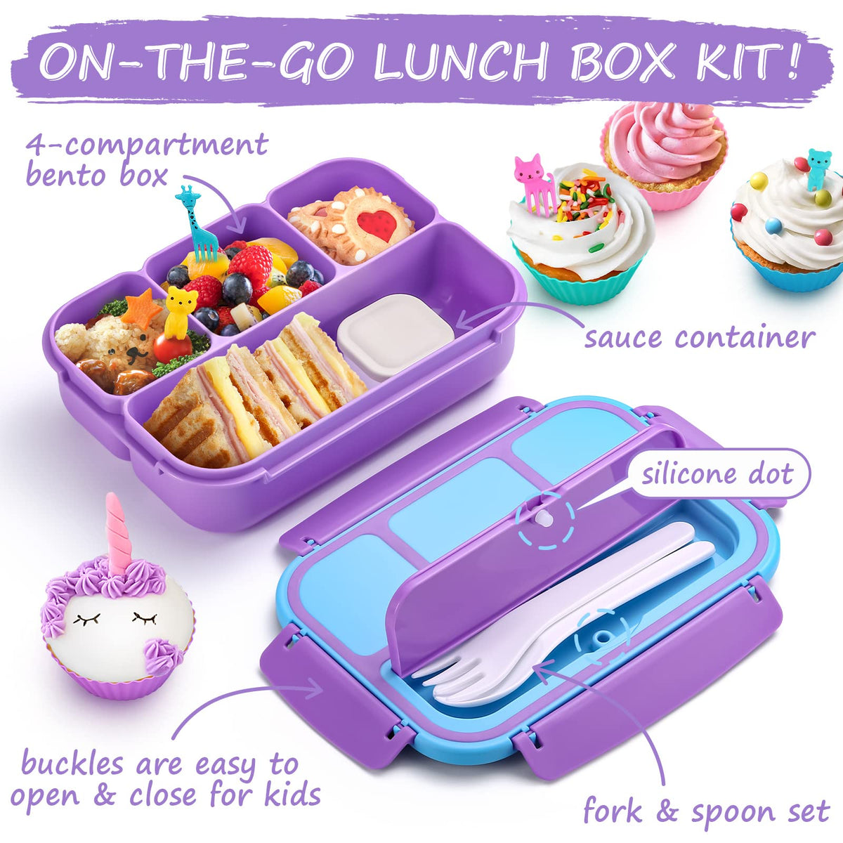 Bento Lunch Box for Kids - 4 Compartment Leak-Proof School Lunch Container with Utensils Purple