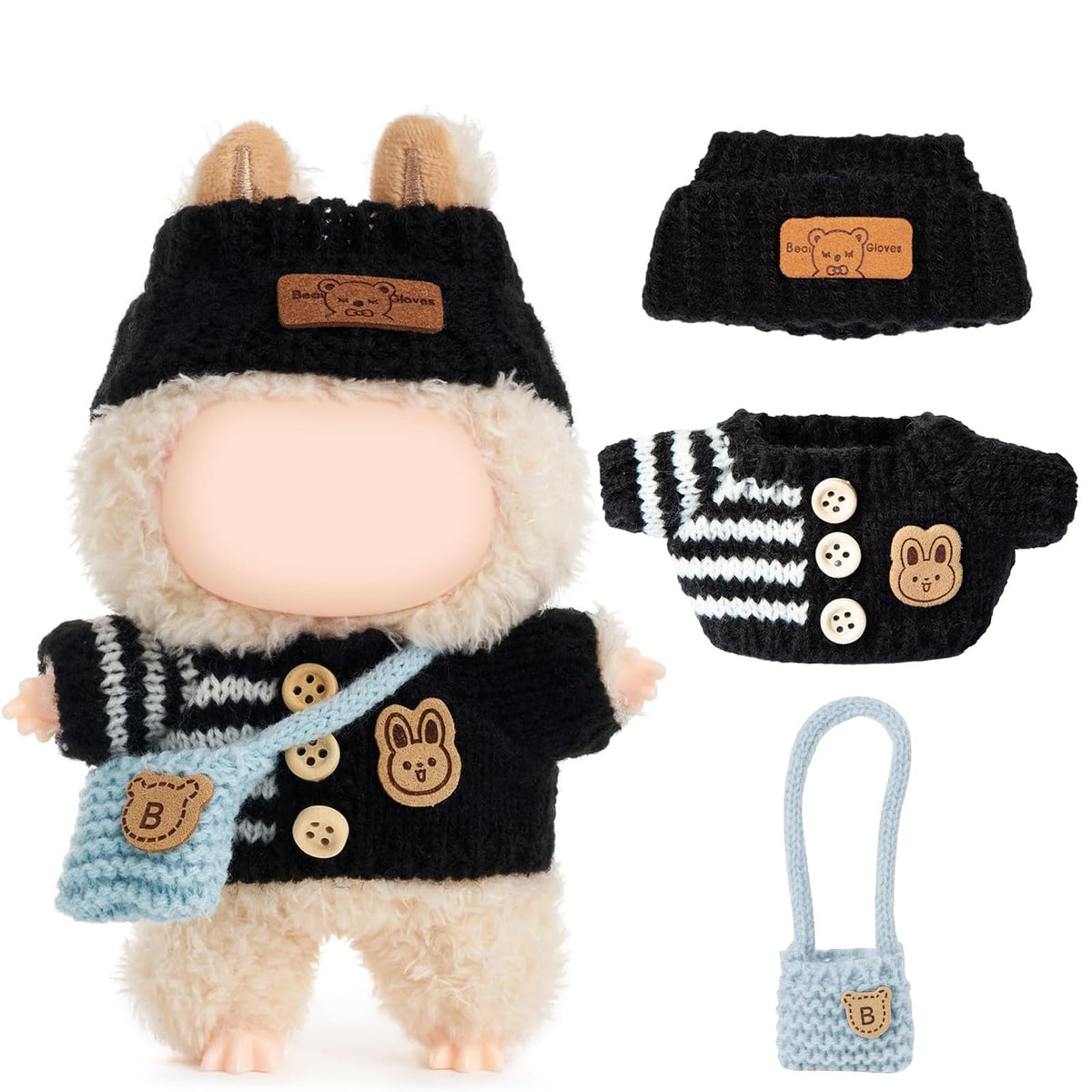 3 Piece Handmade Crochet Outfit for 17cm Dolls - Heart Sweater Hat &amp; Bag Set