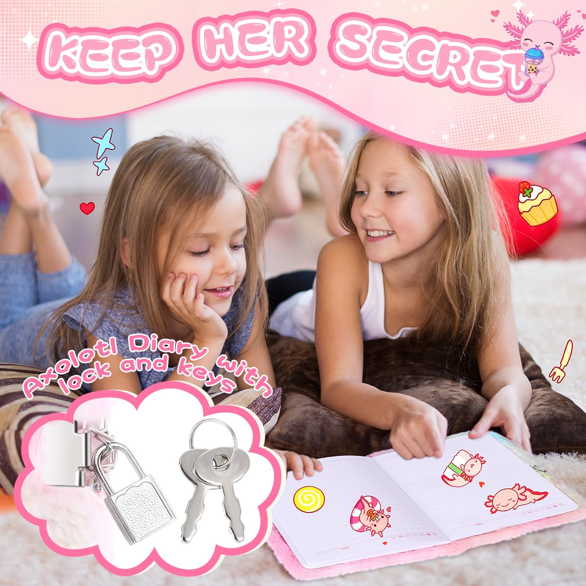 Girls Heart Diary with Lock and Keys - Cute Plush Secret Journal Notebook Gift Ages 6-8