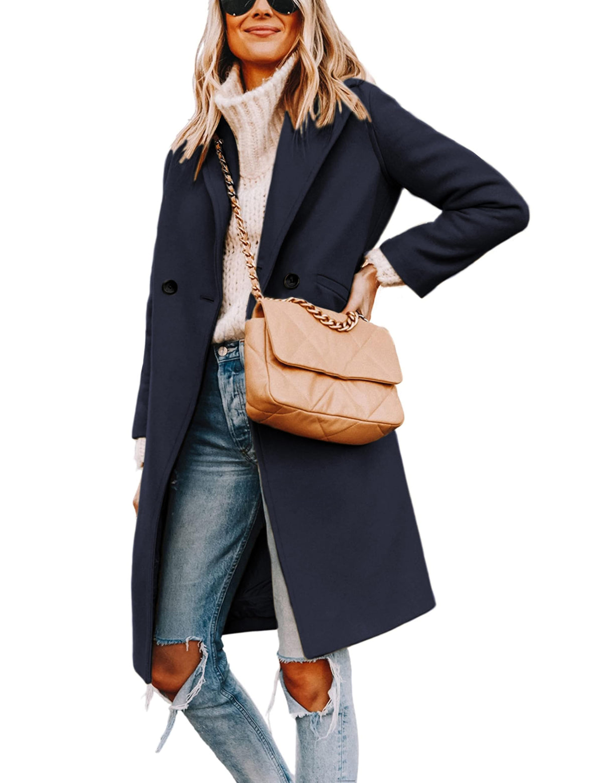 Wool Blend Pea Coat - Double Breasted Mid Length Trench Coat for Women