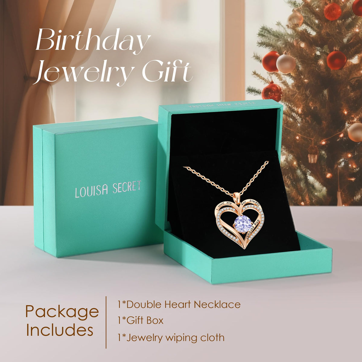 Personalized Double Heart Birthstone Necklace for Women – Sterling Silver Gift