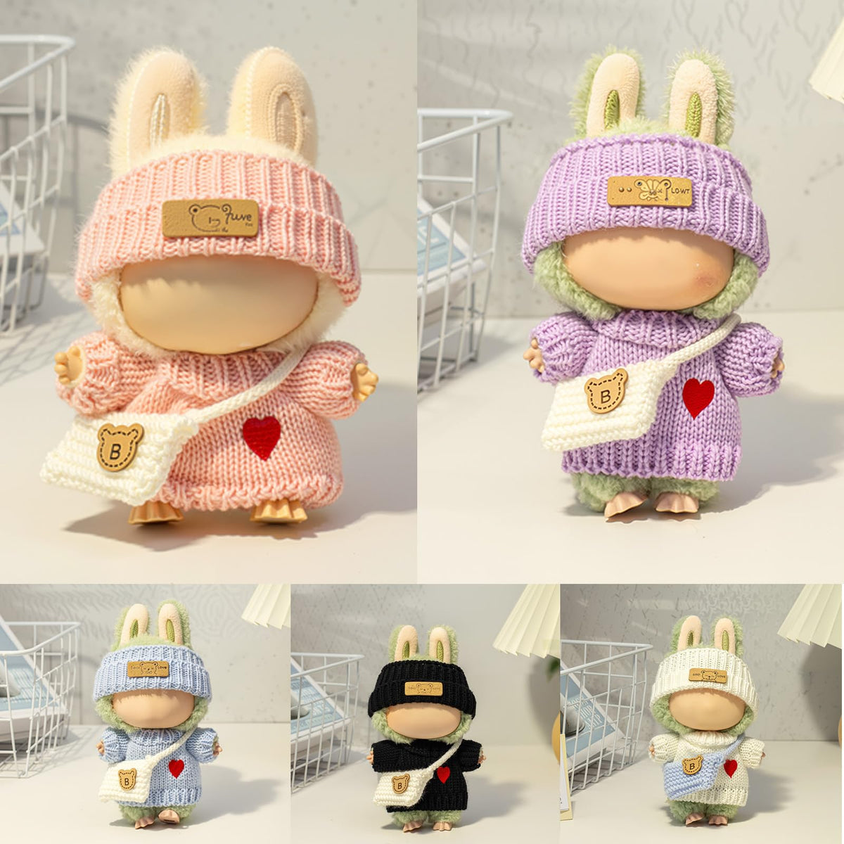 3 Piece Handmade Crochet Outfit for 17cm Dolls - Heart Sweater Hat &amp; Bag Set