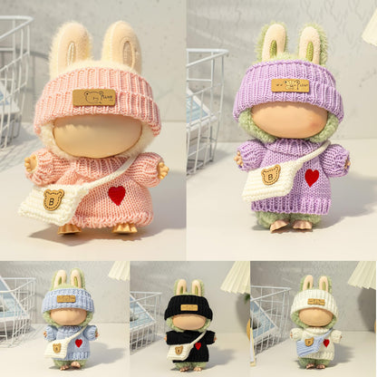 3 Piece Handmade Crochet Outfit for 17cm Dolls - Heart Sweater Hat &amp; Bag Set