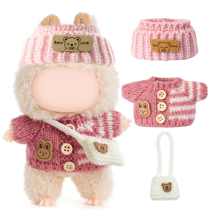 3 Piece Handmade Crochet Outfit for 17cm Dolls - Heart Sweater Hat &amp; Bag Set
