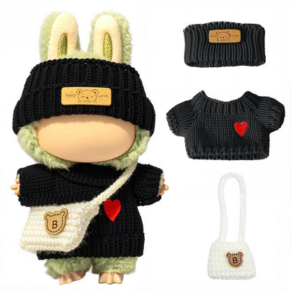 3 Piece Handmade Crochet Outfit for 17cm Dolls - Heart Sweater Hat &amp; Bag Set