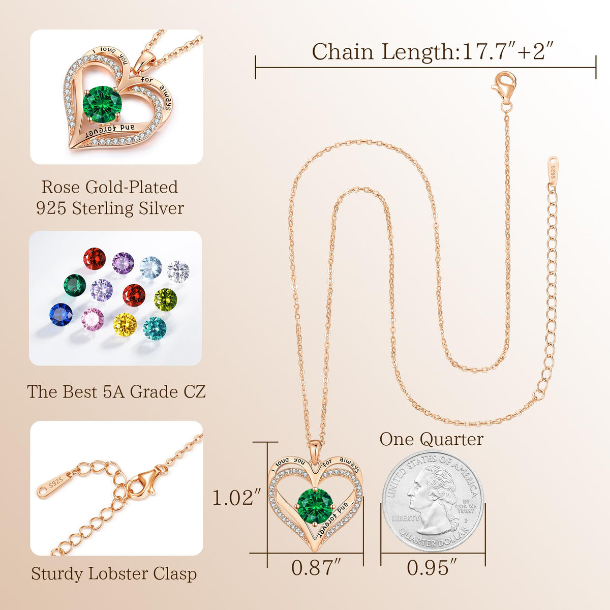 Personalized Double Heart Birthstone Necklace for Women – Sterling Silver Gift