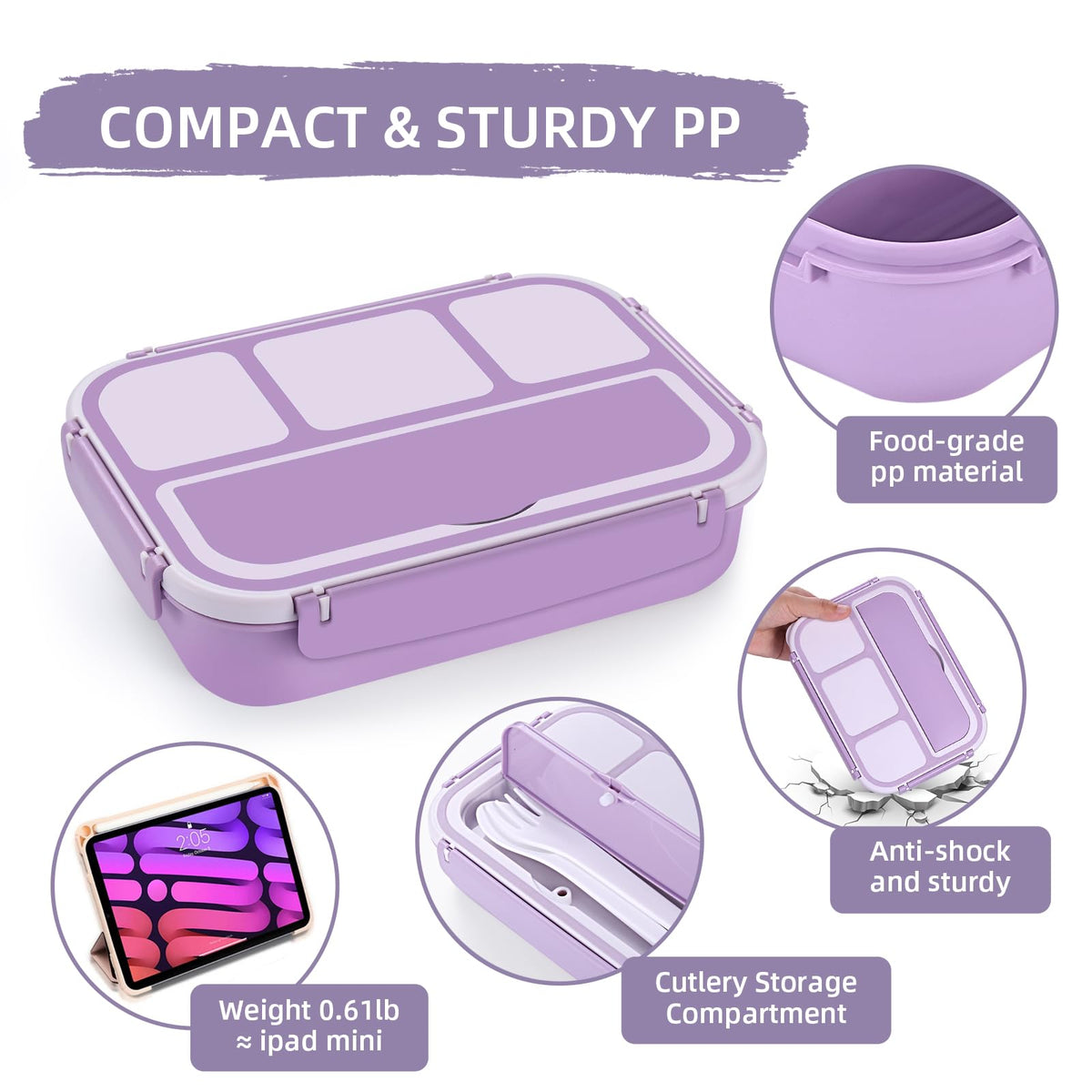 Bento Lunch Box for Kids - 4 Compartment Leak-Proof School Lunch Container with Utensils Purple