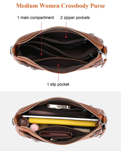 Over Earth Soft Genuine Leather Crossbody Bags for Women Medium Shoulder Purses Hobo Handbags with Multi Pockets