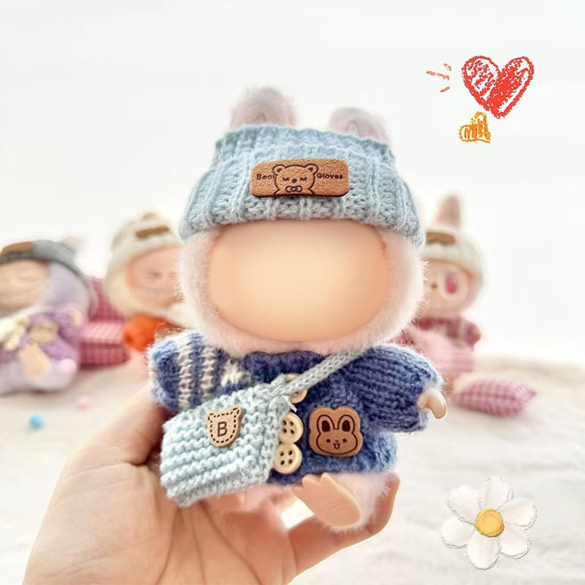 3 Piece Handmade Crochet Outfit for 17cm Dolls - Heart Sweater Hat &amp; Bag Set