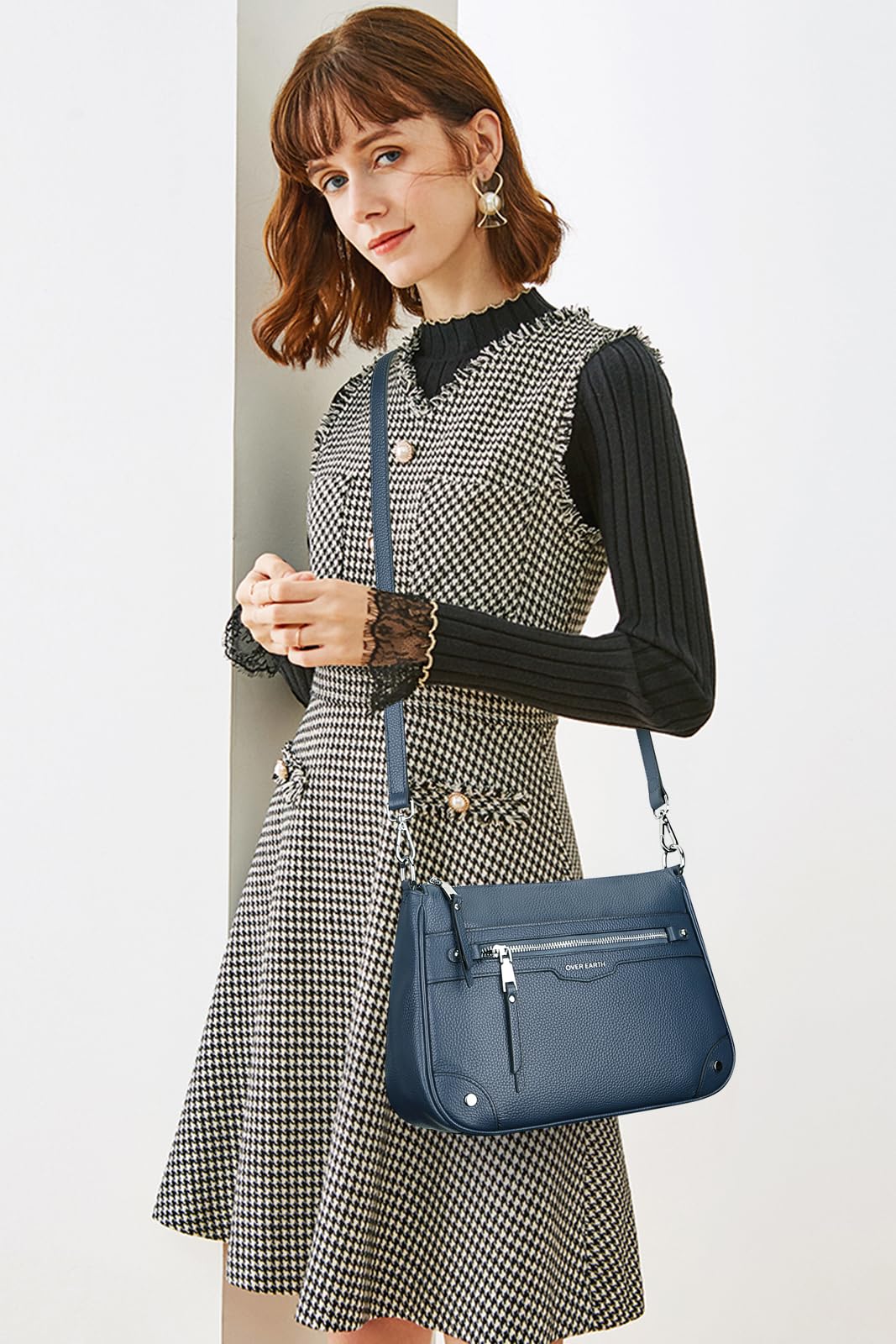 Over Earth Soft Genuine Leather Crossbody Bags for Women Medium Shoulder Purses Hobo Handbags with Multi Pockets