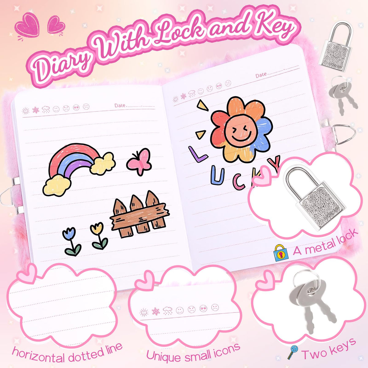 Girls Heart Diary with Lock and Keys - Cute Plush Secret Journal Notebook Gift Ages 6-8