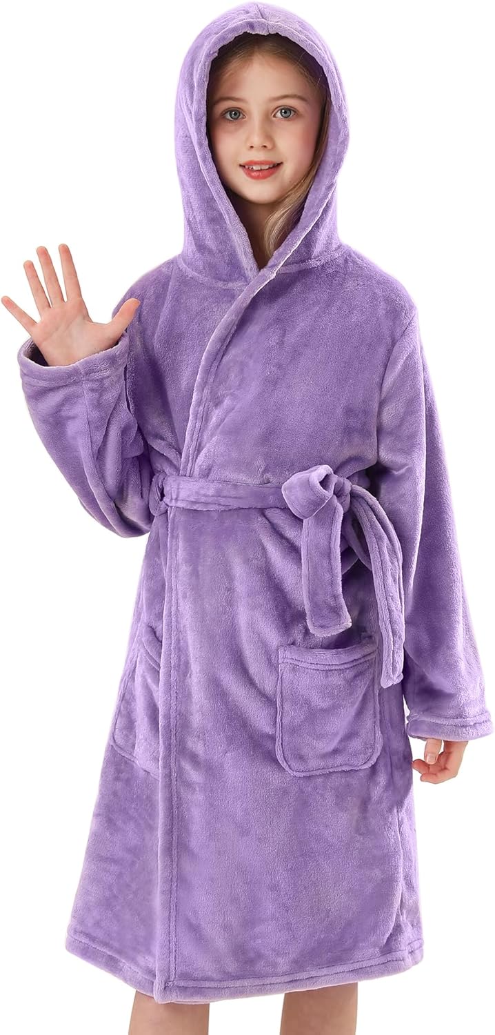 Girls Hooded Fleece Bathrobe - Soft Plush Warm Robe for Kids 3-14 Years