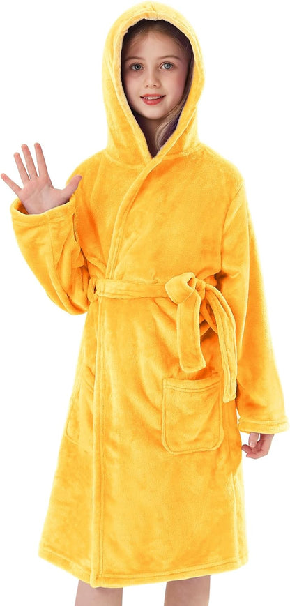 Girls Hooded Fleece Bathrobe - Soft Plush Warm Robe for Kids 3-14 Years