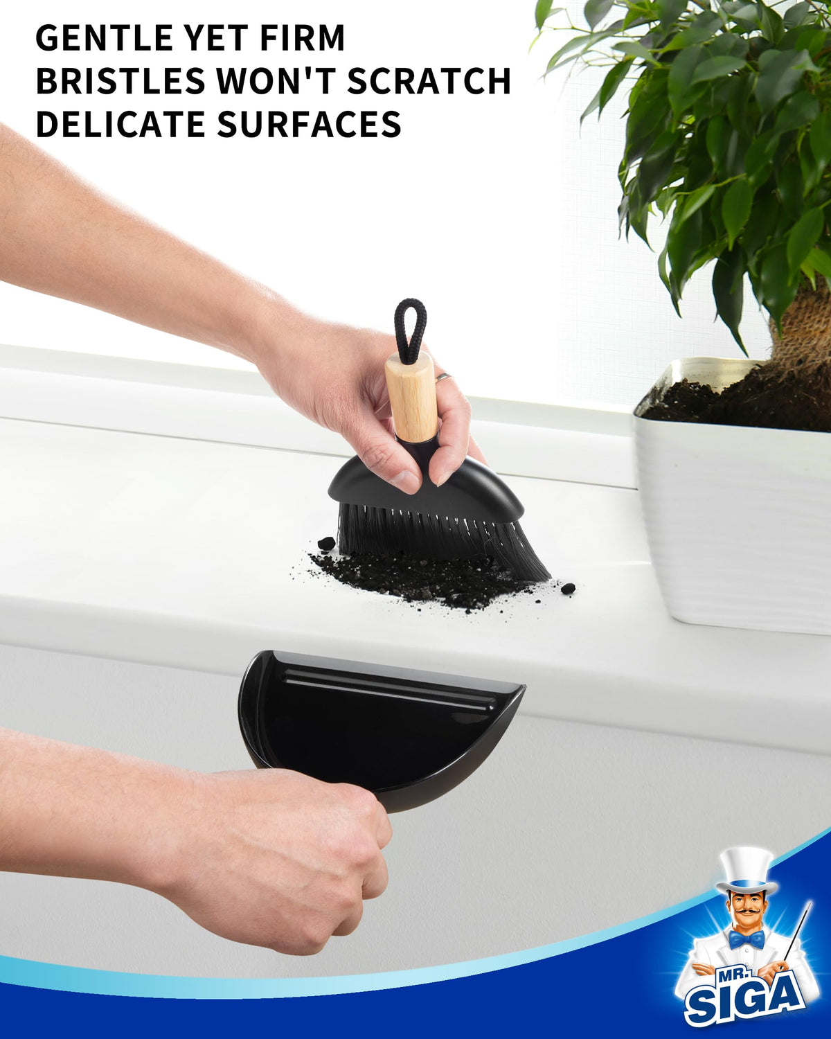 MR.SIGA Mini Dustpan and Brush Set, Portable Cleaning Brush and Dustpan Combo with Bamboo Handle, 1 Set