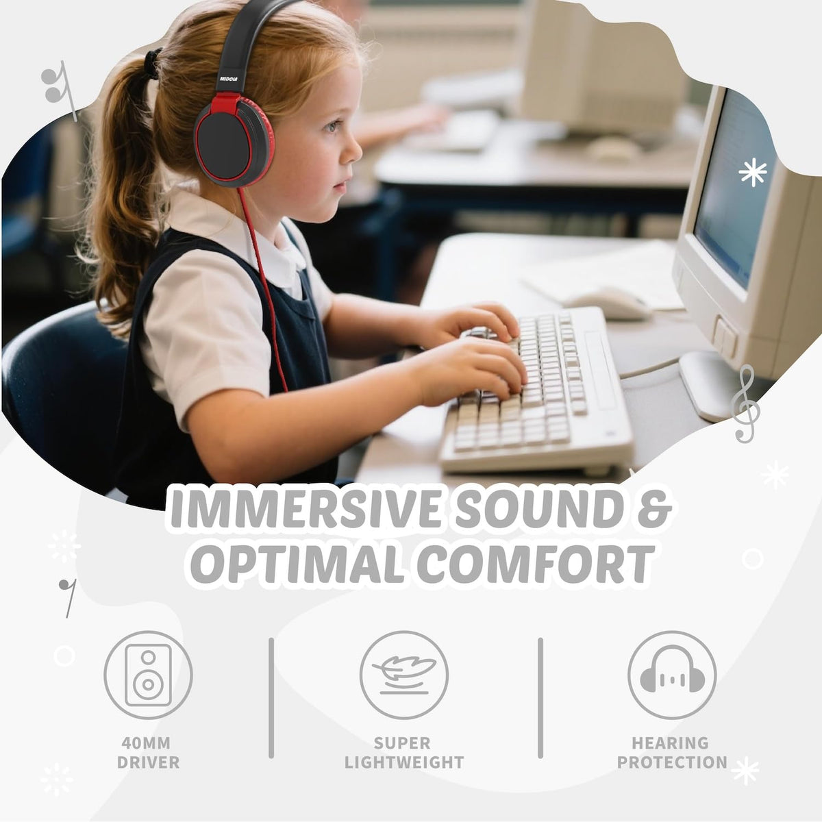 Kids Headphones Volume Limited 85/94dB - Wired Over-Ear Foldable Headset with Microphone Pink