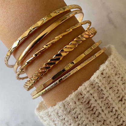 IFKM Gold Bangle Bracelets For Women, 14k Gold Plated Multi Layer Stackable Cuff Bracelet Set, Trendy Elegance Charms Non Tarnish Minimalist Textured Boho Jewelry Gift for Women