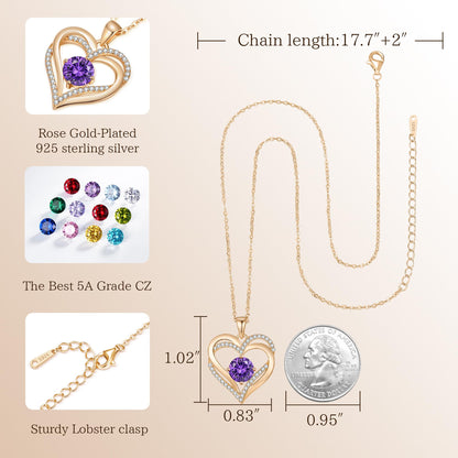 Personalized Double Heart Birthstone Necklace for Women – Sterling Silver Gift