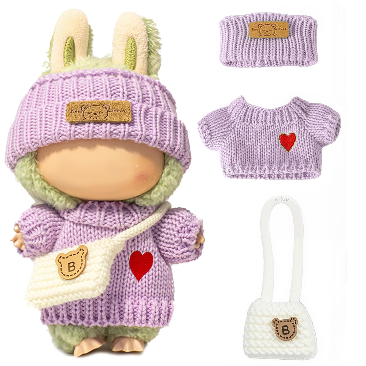 3 Piece Handmade Crochet Outfit for 17cm Dolls - Heart Sweater Hat &amp; Bag Set