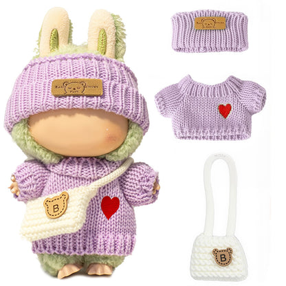 3 Piece Handmade Crochet Outfit for 17cm Dolls - Heart Sweater Hat &amp; Bag Set