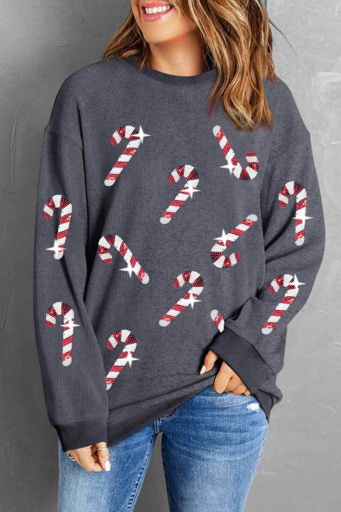 Sequin Candy Cane Round Neck Sweatshirt for Women