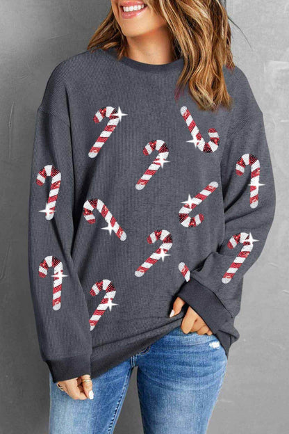 Sequin Candy Cane Round Neck Sweatshirt for Women