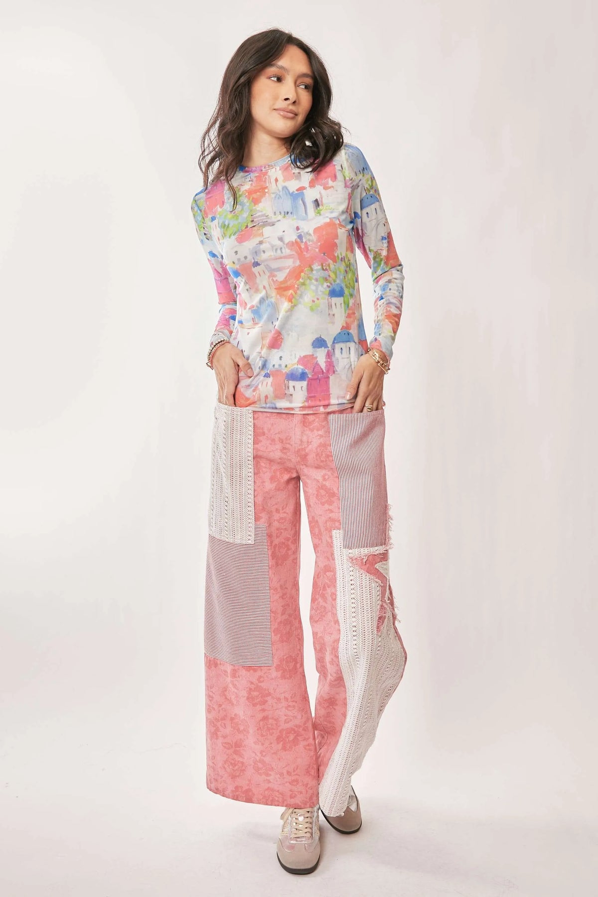Davi &amp; Dani Multi Printed Mesh Round Neck Long Sleeve Top